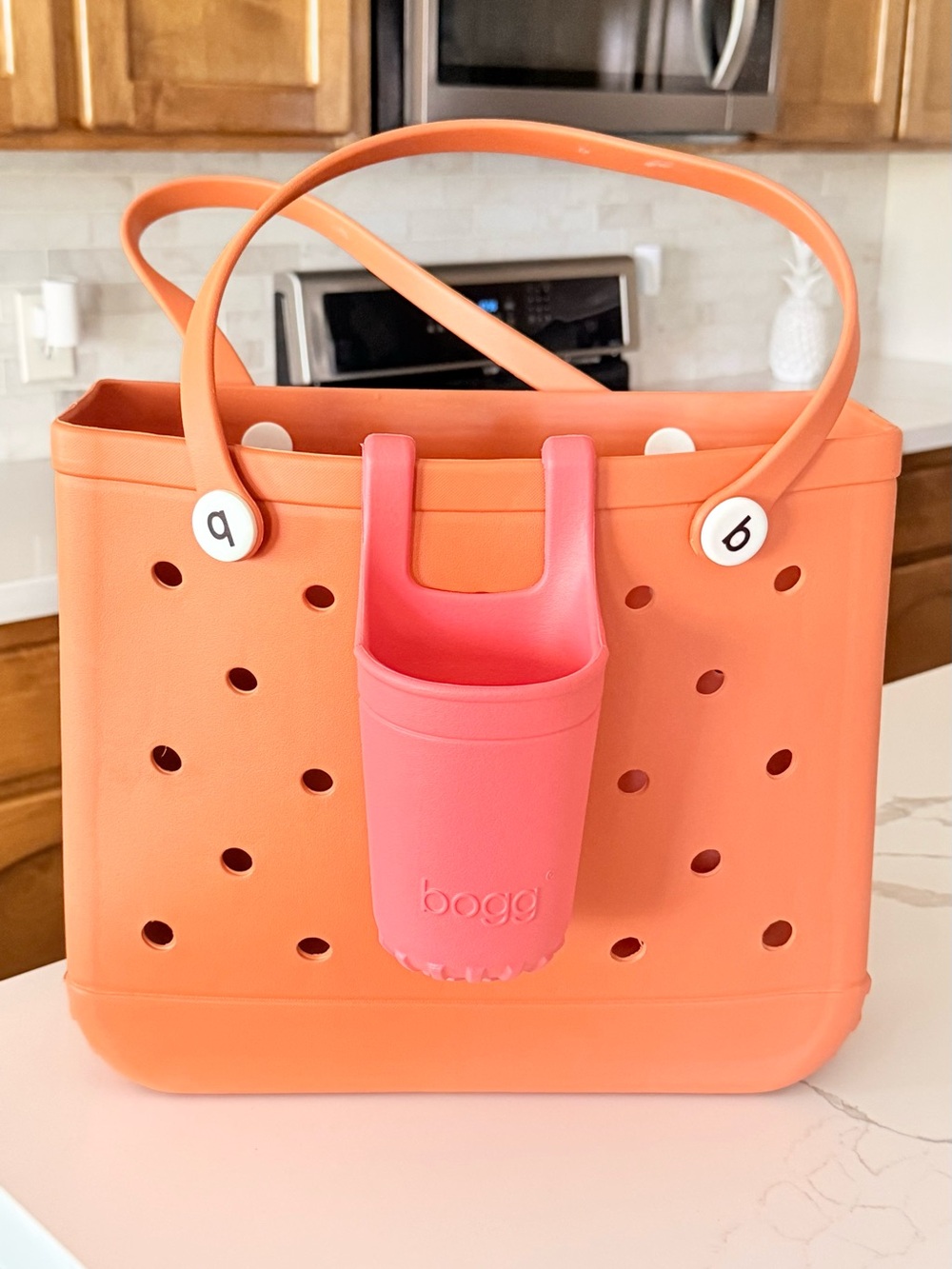 Original Bogg Bag Large Tote Peach Orange with Pink Drink Holder Accessory